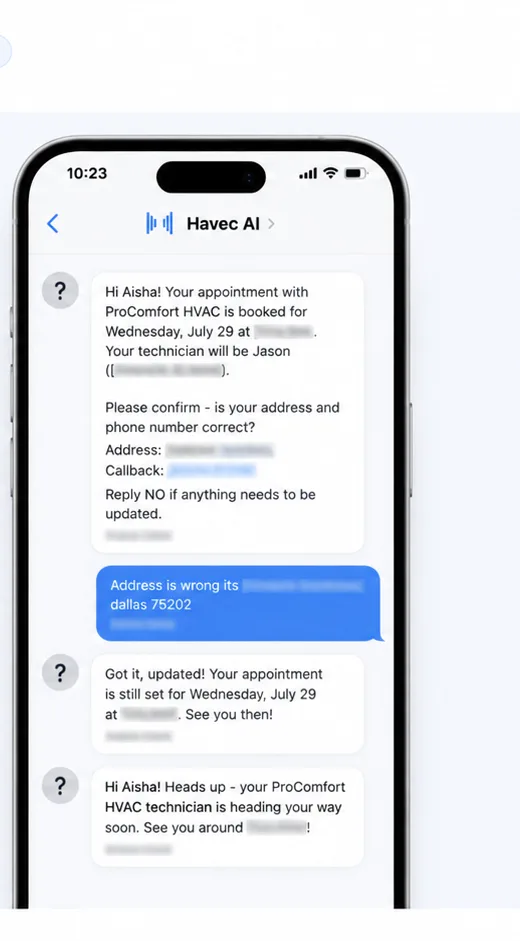 Customer text thread confirming and correcting an appointment